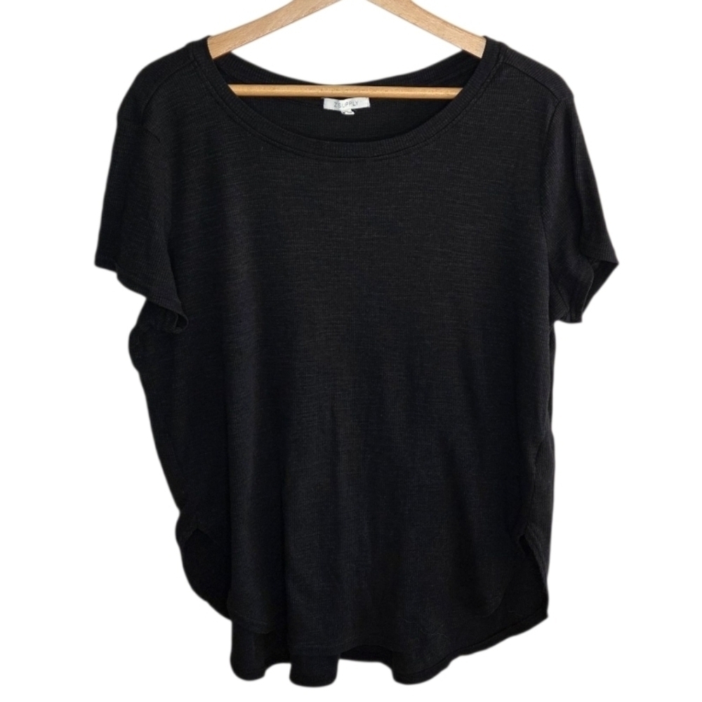 Z Supply | Washed Black Ribbed Short Sleeve Curved Hem Tee Size XL